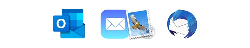 Logo's of IMAP options. First logo: Outlook, second logo the new logo for Apple Mail and the old logo for Apple Mail, and the third logo: Thunderbird.