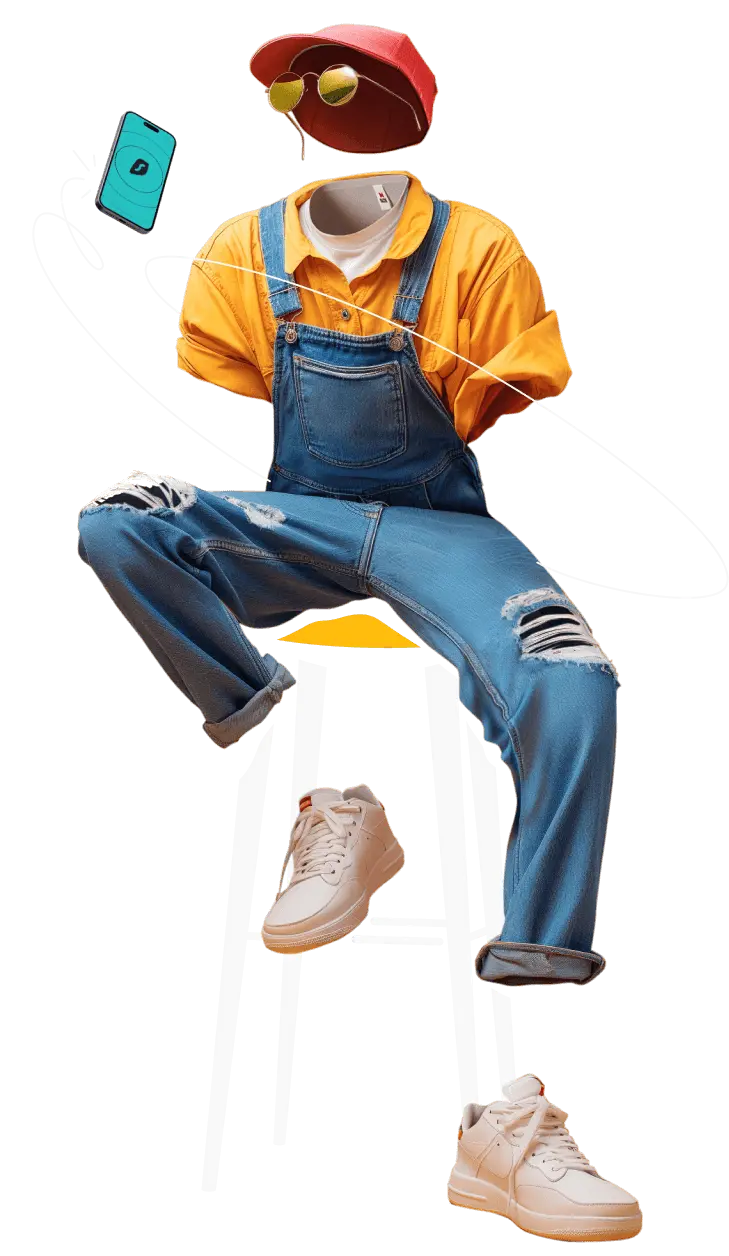 An invisible man in a yellow shirt, denim jumpsuit and sneakers holding a phone with Surfshark logo on its screen.